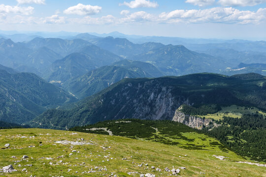 View over forested valleys from limestone summit
