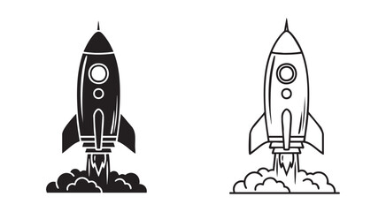 Vintage style rocket ship icon designs with thick outlines and solid black fill for space branding. © MD