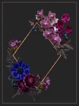 Watercolor Floral Diamond Frame Featuring Pink and Purple Orchids at the Top and Deep Blue and Burgundy Flowers with Dark Green Foliage and Berries at the Bottom Set Against a Solid Black Background C