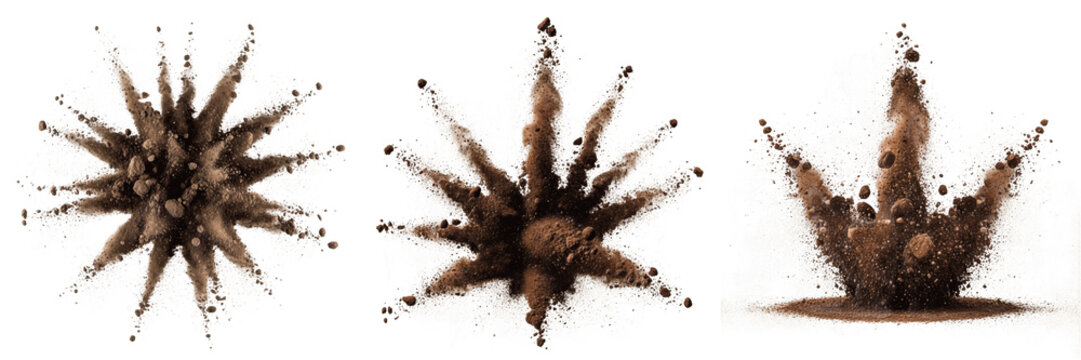 Set of Dynamic Brown Soil and Dirt Particle Explosions Isolated on White Background