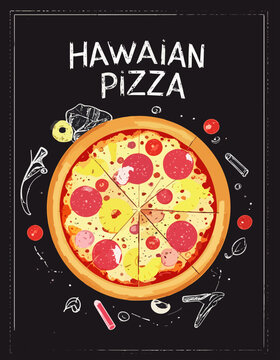  Pizza hawaiana con pi&ntilde;a y pepperoni ilustrada sobre fondo negro con detalles gr&aacute;ficos coloridos. Dise&ntilde;o moderno relacionado con comida r&aacute;pida italiana.
