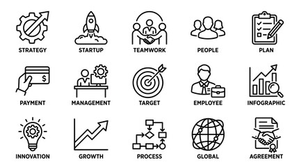 Fototapeta premium Set of black line business icons representing concepts like strategy, startup, teamwork, and growth for corporate presentations and marketing materials