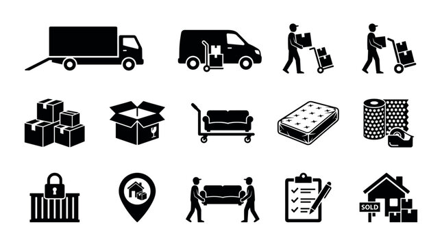 Moving and relocation service icon set with a truck, van, boxes, furniture, and workers for logistics and real estate concepts in a simple black and white vector style