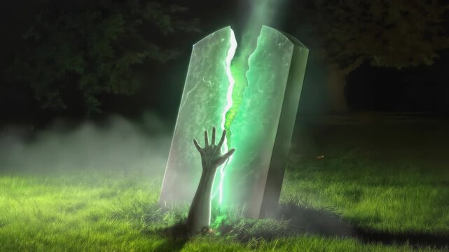 Zombie hand emerging from grassy ground in front of cracked tombstone. Glowing green light and mystical smoke emanating from cemetery grave. Lockdown wide shot.
