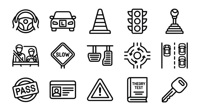Driving school and driver education line icons featuring a learner car, instructor, license, theory test book, and traffic signs in a simple black and white vector illustration