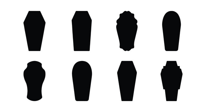 Set of black silhouettes of various coffin shapes