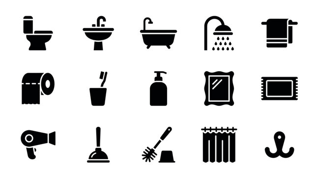 Set of black bathroom glyph icons representing various household objects and hygiene items like a toilet, sink, shower, bathtub, and soap dispenser for web and graphic design