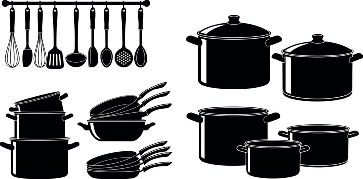 Kitchen Cookware and Hanging Utensils Black Silhouette Vector Set featuring Pots, Frying Pans, Whisk, Spatula, and Ladle for Food Blog or Culinary Design