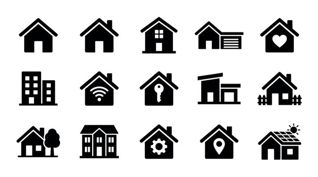 Set of black house icons representing various real estate concepts like smart homes, property location, and residential buildings presented as simple glyphs for web and app design