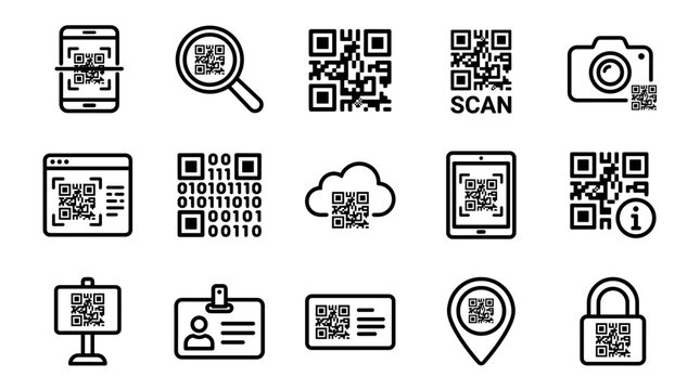 Collection of black line icons representing QR code technology, scanning, and digital information concepts like mobile payment, identification, and data storage in a simple vector style
