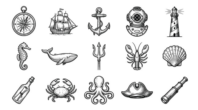 Large set of vintage nautical icons including a ship, anchor, compass, octopus, and whale, all rendered in a detailed black and white engraving or woodcut illustration style