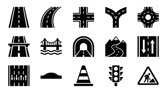 Black road and traffic glyph icon set with various symbols for highways, intersections, bridges, tunnels, traffic lights, and road work signs in a clean vector illustration