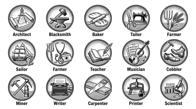 Collection of vintage profession icons in a black and white woodcut style showing various jobs and trades like architect, baker, blacksmith, farmer, and scientist with their tools