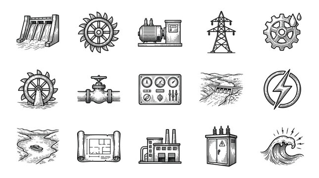 Vintage set of hydroelectric power generation icons in a detailed black and white engraving style, illustrating a dam, turbine, factory, and pylon for renewable energy concepts