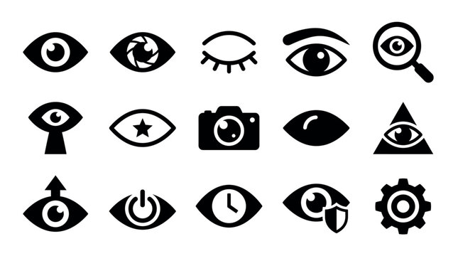 Diverse set of black eye icons representing concepts like vision, surveillance, security, and perception, featuring minimalist symbols like a camera, gear, shield, and keyhole