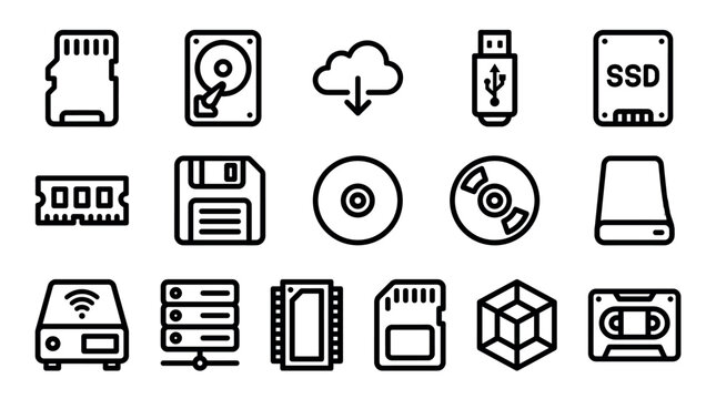 Data storage and computer memory icon set with various digital media devices like HDD, SSD, RAM, flash drive, and cloud server, rendered in a clean black outline graphic style