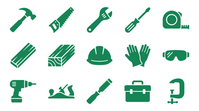 Set of green construction tool icons for carpentry and DIY projects including a hammer, saw, drill, wrench, and safety equipment like a hard hat, presented as a flat vector glyph collection