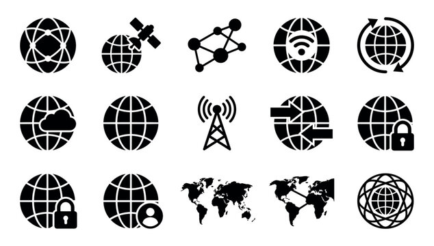 Collection of black silhouette icons for global communication and internet technology, featuring various symbols like globe, satellite, network, cloud, security lock, and world map