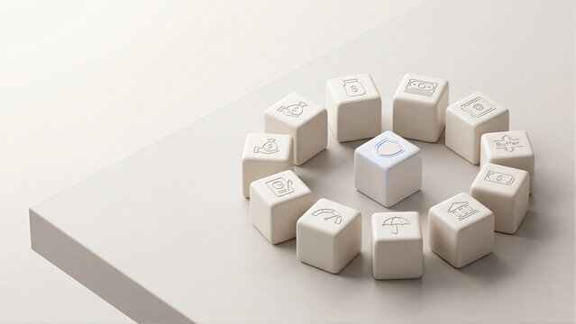 3D White Rounded Blocks Circle with Insurance Protection Icons Glowing Shield Center on Clean Elevated White Platform for Wealth Protection Savings Buffer Banking and Personal Finance Concept