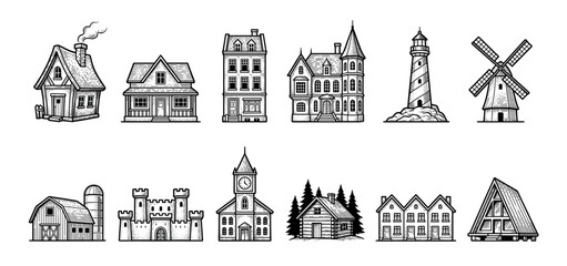 Fototapeta premium Set of twelve different building icons in a hand-drawn vintage woodcut style, including a cottage, mansion, lighthouse, castle, windmill, and log cabin