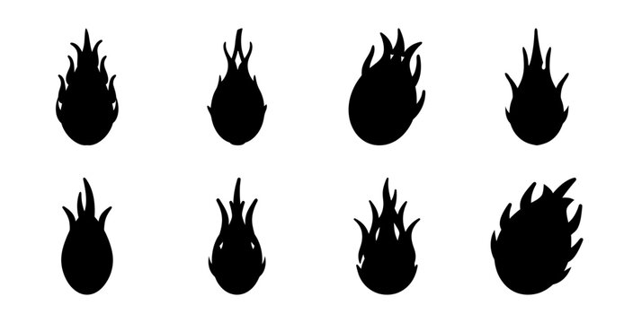 Black pinecone icons in flame style - Set of stylized black pinecone icons designed with a fiery, textured flame effect for creative projects and digital illustrations.