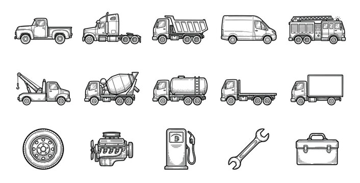 Black and white truck and automotive icons set in a vintage engraving style, featuring a pickup, semi, dump, fire engine, tow truck, gas pump, engine, wrench, and toolbox