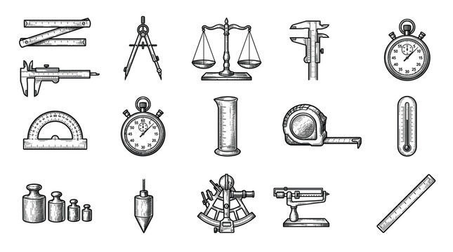 Set of vintage measuring tools and scientific instruments in a black and white hand-drawn engraving style, featuring a ruler, scale, caliper, stopwatch, and protractor for precision