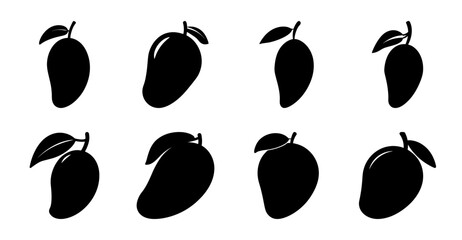 Black and white mango fruit icon set with leaves - A clean set of stylized mango icons in black and white, featuring various orientations with leaf details for versatile design use. © MST