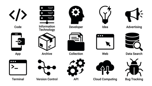 Collection of black glyph icons for software development and information technology, featuring symbols for code, cloud computing, API, bug tracking, and data search in a simple set