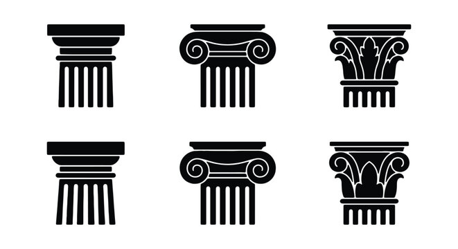 Set of classic architectural columns with different capitals, doric, ionic and corinthian orders