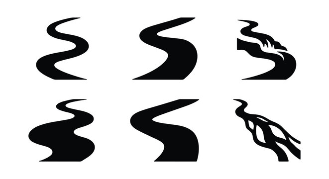 Set of river icons, winding water streams, flowing paths, vector illustration