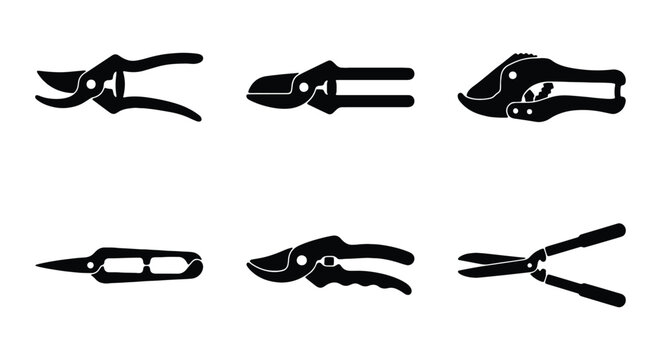 Set of garden pruning shears and secateurs icons gardening tools for trimming plants, flowers, and bushes vector illustration