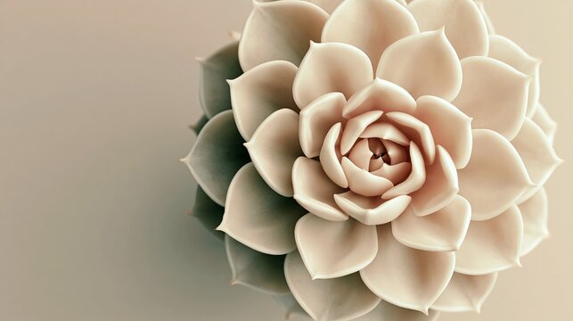 Soft focus makes a cactus plant look gentle. This minimalist, close-up photo from above shows a single beige succulent.