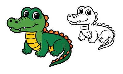 Fototapeta premium Adorable baby alligator cartoon character, cute and friendly. Includes full color version and black and white outline for coloring. Perfect for kids learning activities.