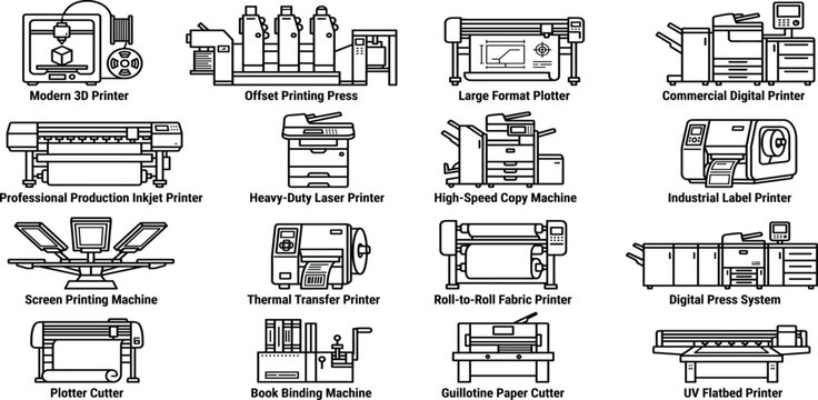Industrial Printing Equipment Icons, Manufacturing Machines, 3D Printer, Offset Press, Plotter, Copy Machine, Vector Graphics Set