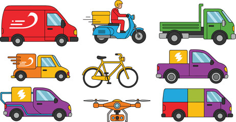 Naklejka premium Colorful Delivery and Logistics Vehicle Icon Set with Van, Scooter, Truck, Bicycle, Electric Van, Drone, and Cargo Van for Shipping, Transport, and Courier Service Designs