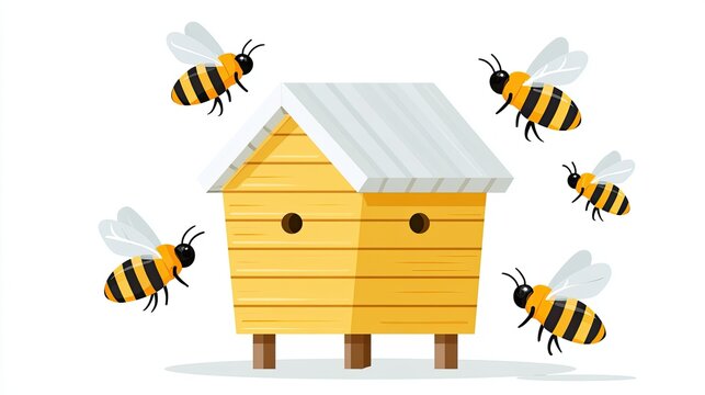 Minimalist flat illustration of a beekeeping box hive with bees flying around, showcasing a simple design and vibrant colors on a clean white background