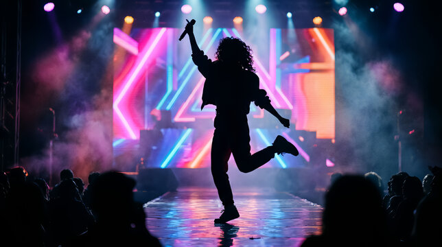 Silhouette of a Retro Pop Dancer Performing on a Vibrant Neon Stage with Concert Lighting and Audience