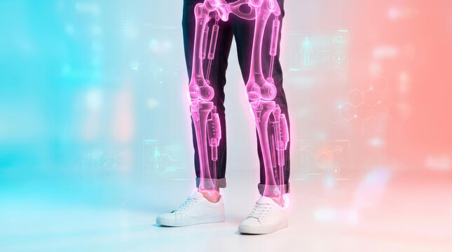 A futuristic visualization of a human leg with highlighted bones and joints, showcasing advanced health technology in a vibrant blue and pink backdrop.