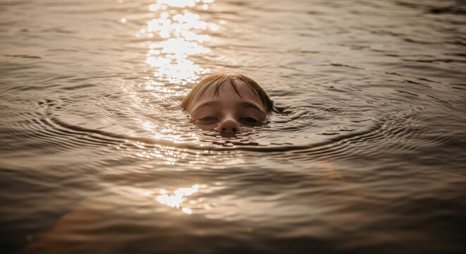 A serene moment - A dogs head emerges from the tranquil water, bathed in golden sunlight.