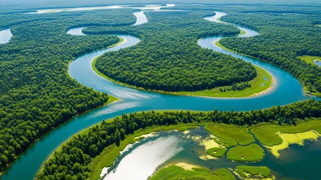 Aerial view of a winding river through a lush green forest