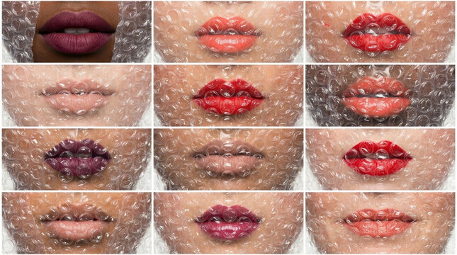 A creative display of lips with various lip colors, artistically wrapped in bubble wrap, emphasizing texture and color variety.