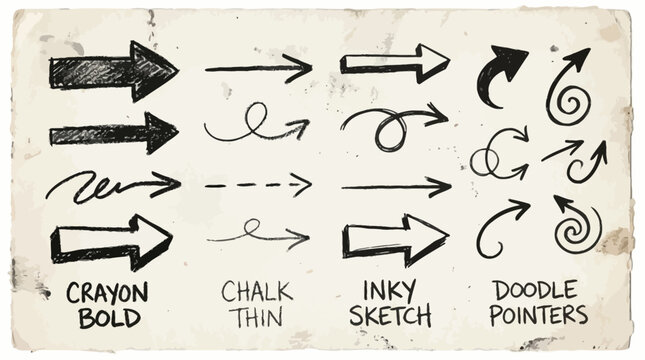 Hand drawn black arrow collection for notes, rustic graphic design, collage templates. Chalk drawn bold and thin doodle arrows