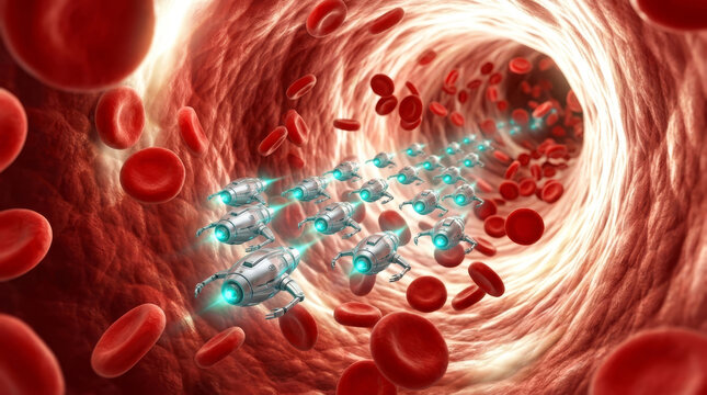 A futuristic scene depicting robotic drones navigating through a blood vessel, surrounded by red blood cells, showcasing advanced medical technology.