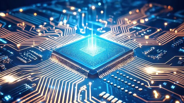 Central processing unit with glowing blue light and golden energy pulses on circuit board. High-tech computer hardware and semiconductor concept. Lockdown wide shot.
