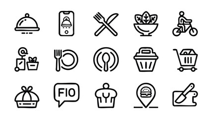Collection of food delivery and restaurant service icons including food cart symbols © logodesign11