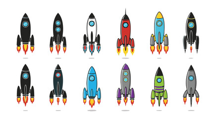 Colorful collection of various rocket ship icons flying with fire jets on transparent background set. © MdAbdul