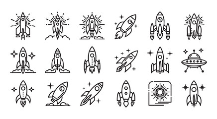 Graphic collection of various rocket icons and space ship symbols on a transparent grid background. © Maruf