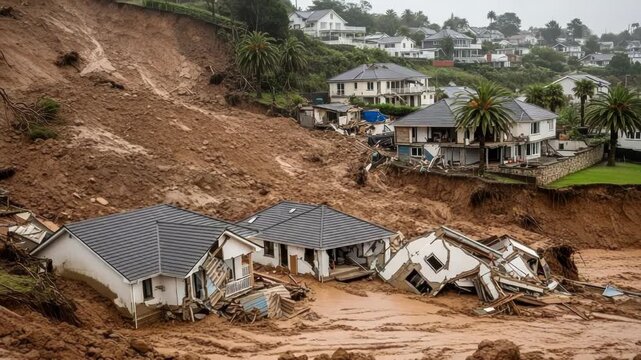 Landslide destroys houses and infrastructure in a residential area