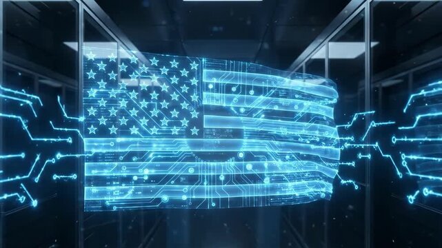 Futuristic 4K Seamless Loop of Digital Holographic American Flag Waving in High Tech Data Center Server Room for Cyber Security Concept